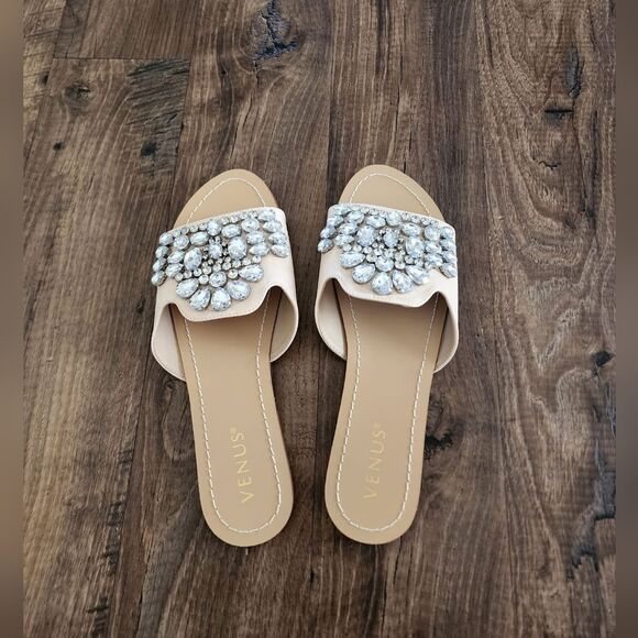 Rhinestone Slide Sandals Cream Size 8.5 - Picture 4 of 5